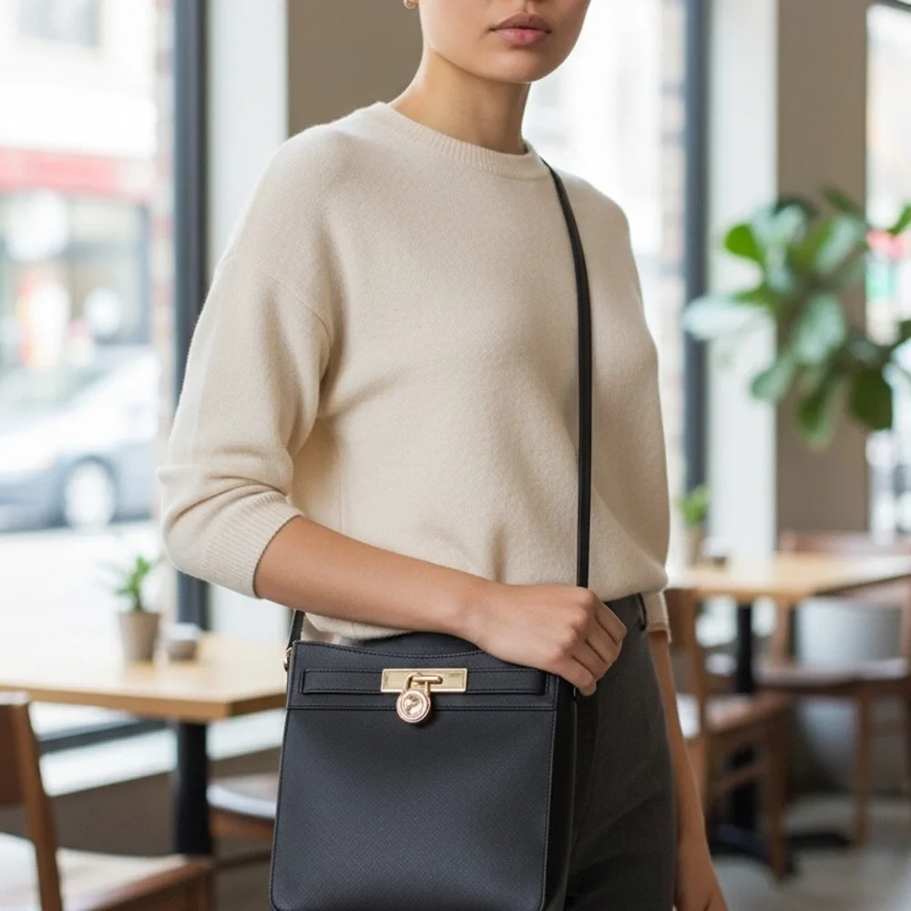 Michael Kors Black Crossbody Bag Hamilton Traveler Saffiano Leather Messenger
